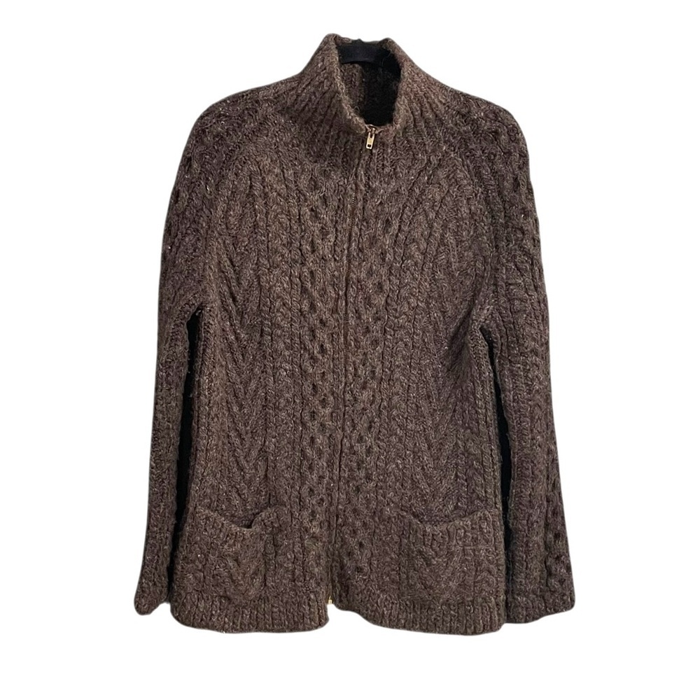 INIS CRAFTS Ireland Merino Wool Zip Front Cardigan Sweater Brown S